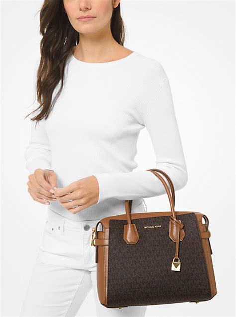 michael michael kors mercer medium pebbled leather belted satchel|michael kors large satchel handbag.